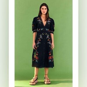 NWT FARM RIO Black Cross Stitch V Neck Dress